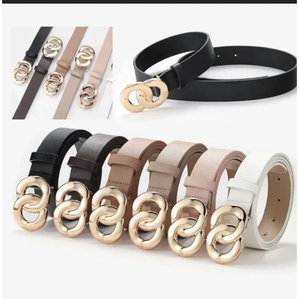 Double-Circle Gold-Buckle Belt White 38 Inches Elegant Career‎ Accessory Fashion